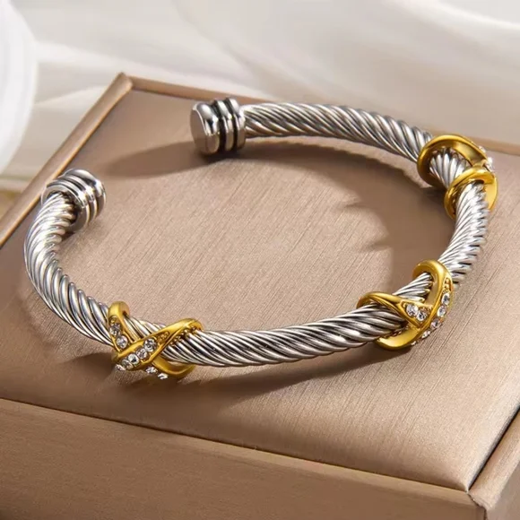 Two-Tone Silver and Gold Twisted Cable Cuff with Crystal Knots - Picture 2 of 6